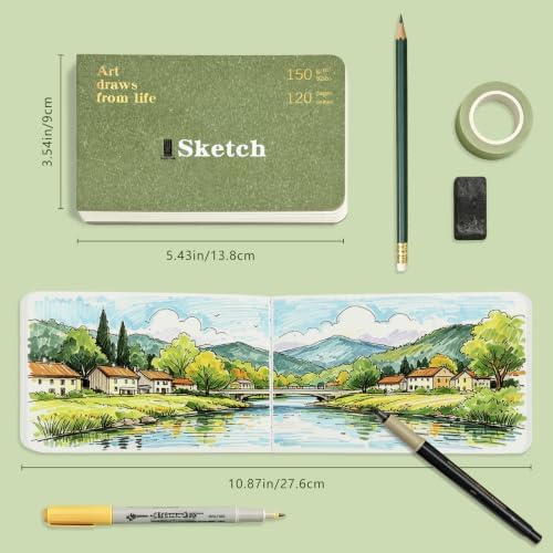 Hardcover Pocket Sketchbook, 3.5" x 5.4" Mini Small Travel Drawing Journal, 92lb/150gsm Heavyweight Paper, 120 Pages Blank Sketch Book for Adults Artists Mixed Media, Ideal Gift,Light Green