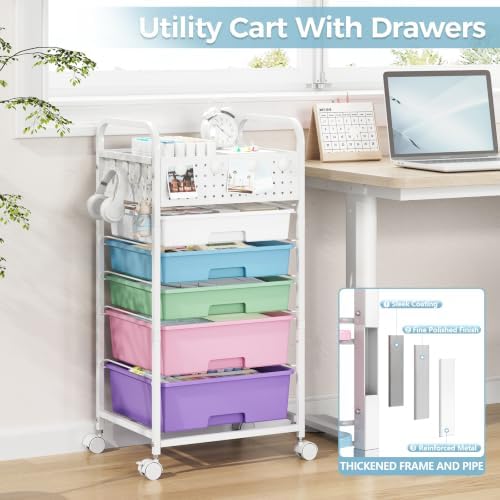 5 Drawer Rolling Storage Cart with Pegboard Top and Hooks, Ice Cream