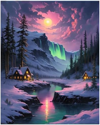 Lovepefe Snow Mountain Paint By Numbers Kit for Adults Beginner Waterfall Adult Paint By Number Kits On Canvas River Cabin Oil Painting Kit for Adults Kits for Gift Home Wall Decor 16x20 Inch