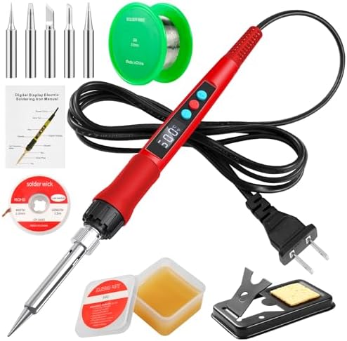 Soldering Iron Kit, 100W LED Digital Solder Gun kits with Ceramic Heater, Adjustable Temperature Welding Tools with Tips, Wick Braid, Stand, Solders Wire, Sponge, Flux Paste, Red