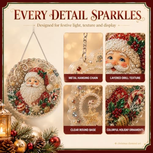 Christmas Pearl Diamond Painting Suncatcher Kit, Pearl Diamond Art Kits for Adults | 3D Mixed-Sized Christmas Bead Art Craft with Acrylic Round Board for Home Decor and Holiday Gifts (Style A)