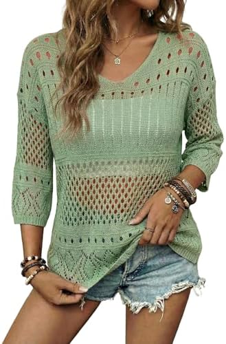 EVALESS Crochet Tops for Women Hollow Out Knit Sweaters