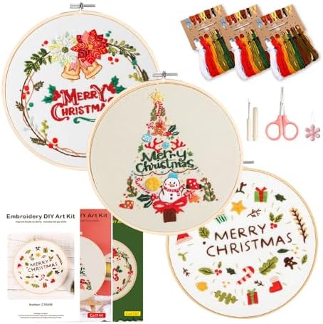 wtisan Christmas Embroidery Kit, Cross Stitch Kits for Beginners, Needlepoint with All Tools & Instructions, Stamped Hand Embroidery Starter Kit for Holiday Crafts & Xmas Home Decor, W12