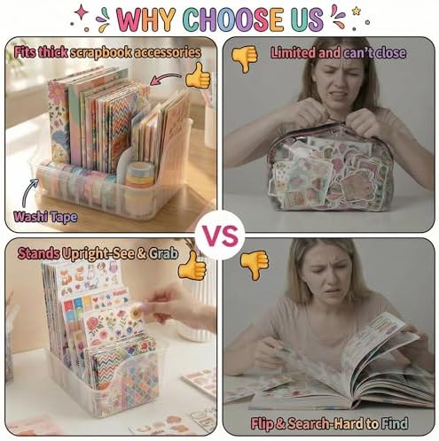 Clear Sticker Organizer Storage Box with Dividers, See All Your Stickers at a Glance, Craft Organizer and Storage for Washi Tape, Journal Supplies & Scrapbooking, Space Saving Sticker Display Holder