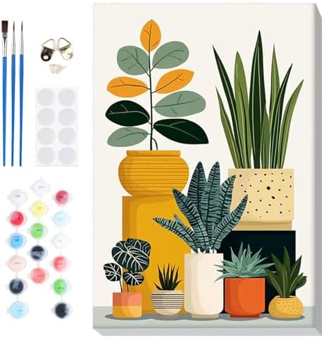 Bowetile Framed Paint by Numbers Flower Kit for Adults, Adults' Paint-by-Number Kits on Canvas, Painting by Numbers Flower Pot, DIY Acrylic Number Painting for Home Wall Decor, 8x12in