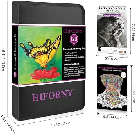 HIFORNY 120 PCS Drawing Set Sketching Kit, Art Supplies with 3-Color Sketchbook,Coloring Book,Rainbow,Colored,Watercolor,Metallic,Graphite,Black & Colored Charcoal Pencils,Blending Tools and More