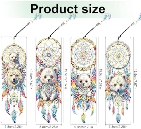 4 Pcs Diamond Painting Bookmarks, White Bear and Lion Dreamcatcher DIY Diamond Art Kits for Adults, Rhinestone Drill Crafts Bookmarks with Tassel for Graduation Birthday Gifts