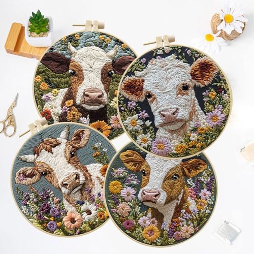 LB 4 Pack Farmhouse Cow Embroidery Kit for Beginners Rustic Floral Plant Beginner Embroidery Kit for Adults DIY Starter Kit with Embroidery Hoop Colorful Threads Tools and Instructions