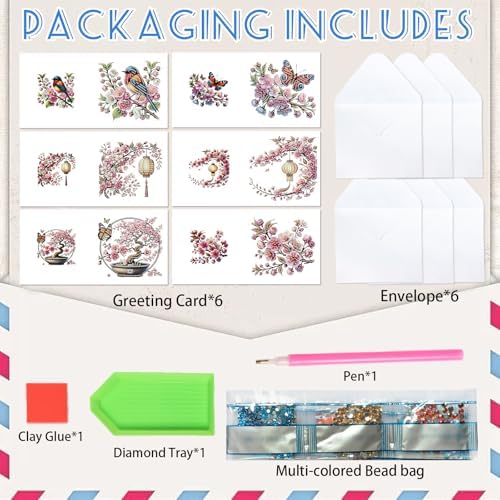 6pcs 5D DIY Diamond Painting Kit Greeting Card, Small Bird Peach Blossom Diamond Handmade Greeting Card with Envelope, Holiday Gift Congratulations
