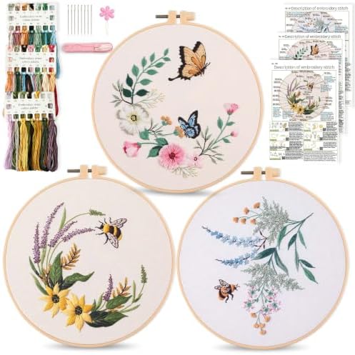 Harimau Beginner Adult Embroidery Kit, All-in-One Starter Pack with 3 Patterns, 3 Hoops, Scissors, Needles, Instruction Manual & Stitching Video Guides