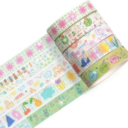 Cute Pattern Washi Tape Set 5 Rolls Glitter Cover Decorative Wide Kawaii Masking Tapes for Arts, DIY Crafts, Journals, Planners, Scrapbook, Wrapping (11 Girly Mix)