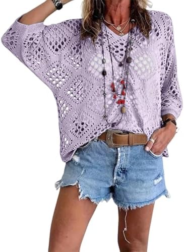 Bohemian Crochet Tops for Women 3/4 Sleeve V-Neck Open Knit Pullover Beach Cover Ups Hollow Out Boho Vacation Blouse