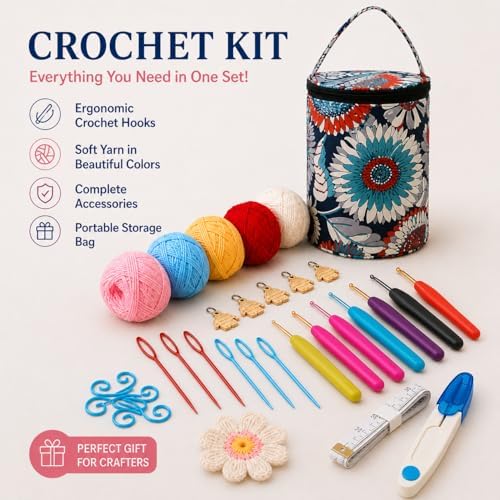 Crochet Kit Set with Portable Travel Bag, 9 Ergonomic Soft Handle Hooks (2.0-6.0mm), 5 Yarn Balls, Stitch Markers, for Beginners (Navy)