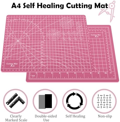Sewing Cutting Mat 12in x 9in,Small Self Healing Cutting Board A4 Rotary Cutting Mat for Crafts Pink Double Sided Thickened PVC Craft Cutting Board for Quilting Hobby Fabric Precision