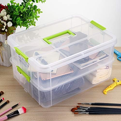 JUXYES 2-Tiers Plastic Stack Carry Storage Containers Box wih Handle Lids