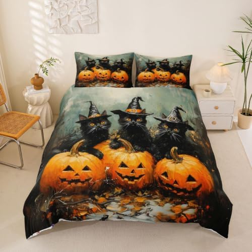 Erosebridal Halloween Black Cat Duvet Cover Queen Size Witch Hat Pumpkin Bedding Set for Adults Teens Women Horror Halloween Comforter Cover Vintage Oil Painting Bedclothes Room Decor