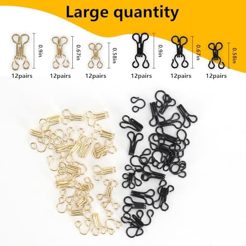 72 Pairs Hook and Eye Sewing Kit – Black and Gold Bra Hooks Replacement in Multiple Sizes, Ideal for DIY Clothing Repairs, Underwear Alteration, and Home Sewing, with Storage Box