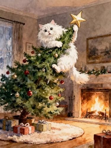 ijbnhd Christmas Tree Diamond Art Kits for Adults Christmas Cat 12X16inch