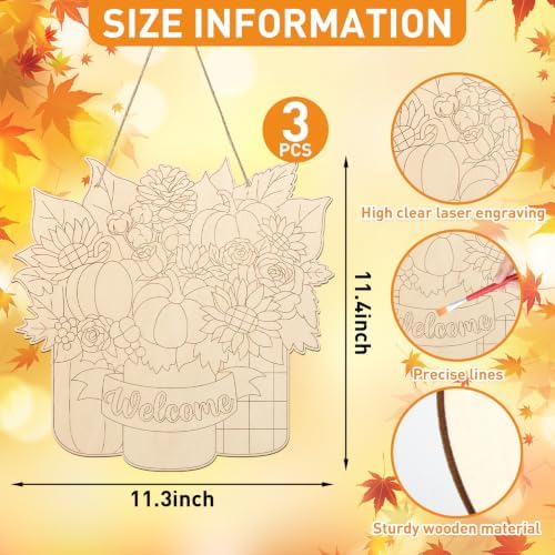 Unfinished Fall Wreaths Wood Crafts to Paint Set of 3, 11" Bulk Autumn Leaves Pumpkin Wreath Ornaments for Painting, Unfinished Wood Cutouts DIY Ornaments for Front Door with Ropes