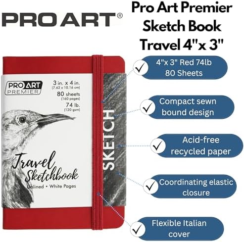 Pro Art Premier Sketch Book Travel 4"x 3" White 74lb Red 80 Sheets, Sketch Book, Sketchbook, Drawing Pad, Pad, Drawing Paper, Art Book, Paper, Sketchbook for