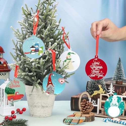 Queekay 25 Pcs White Round Acrylic Christmas Ornament with Red Ribbon DIY