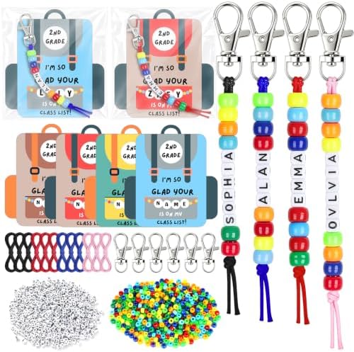 24 Set Back to School Gifts Includes Keychain Making Kit with Gift Cards DIY Bead Crafts Adjustable Letter Beads Welcome First Day of School Student Teacher Supplies