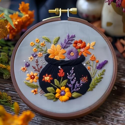 Floral Witch Hat Embroidery Kit Halloween Cross Stitch Material Set with Bat Skull Flower Pumpkin Patterns, DIY Hand Needlepoint Embroidery Craft Kit for Beginners Professional (Floral Cauldron A)