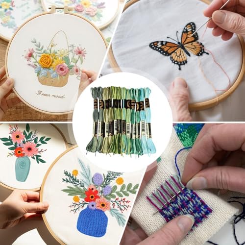 12 Skeins 105 Yards Green Embroidery Thread Variegated Cross Stitch Floss Bulk 6 Ply Polyester Yarn Colorful Friendship Bracelet String for Sewing Making Needlecraft Knitting Stitching DIY