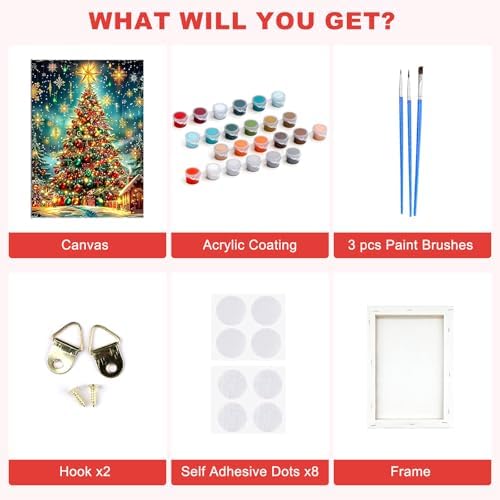 SENQAO Christmas Paint by Numbers for Adults Framed, Christmas Tree Adults' Paint-by-Number Kits, Adult Paint by Number Kits on Canvas, Acrylic Number Painting for Home Decor, 8x12inch