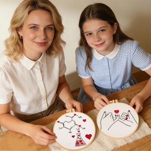 Valentine's Day Embroidery Kits for Beginners Adults, Romance Love Heart Embroidery Needlepoint Kits, Hand Stamped Cross Stitch Kits for Beginners Adults, 2 Embroidery Hoops (Attached Video Tutorial)
