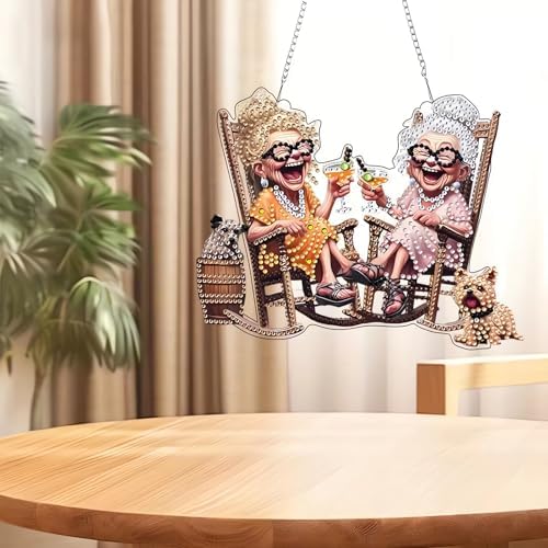 EIBEILI Diamond Art Painting Pendant Kits 5D Diamond Art Painting Art Hanging Kit Happy Grandma DIY Diamond Crystal Window Pendant Kit for Adults Gift Wall Home Decoration Double Sided