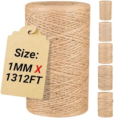 Natural Jute Twine String 1mm x 1312ft Bulk Jute Rope for Crafting, Gardening, Gift Wrapping - Brown Decorative Cord for Cat Scratching Posts, DIY Projects