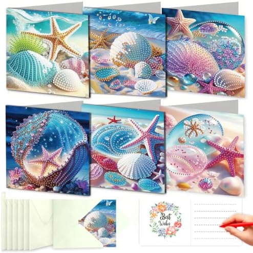 LSQFS 6 Pack Ocean Diamond Art Greeting Cards for Adults,5.9x5.9in
