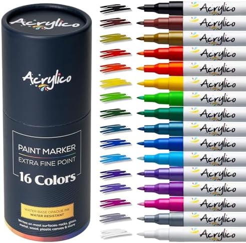 Acrylic Paint Markers Set of 16 Paint Pens – Fine Tip for Fabric, Rock, Metal, Ceramic, Adult Coloring & Art Projects – Art Supplies for Kids & Adults