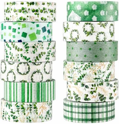 12 Rolls Floral Washi Tape Set, Green Watercolor Flowers Design for for Journaling, Scrapbooking, DIY Craft, Planners, Gift Wrapping, Back to School Art Supplies