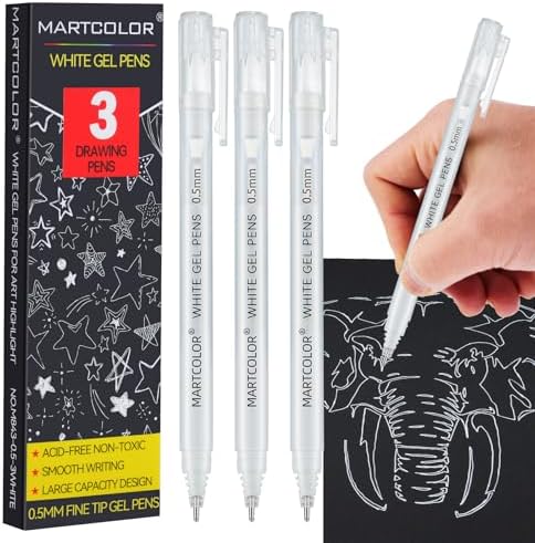 MARTCOLOR White Gel Pens, 3 Pack 0.5mm Extra Fine Point White Gel ink Pens