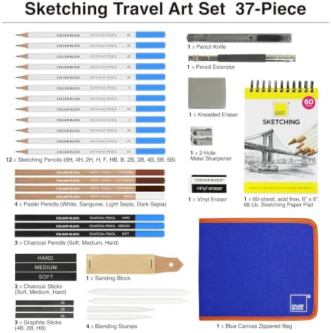 COLOUR BLOCK Drawing Travel Art Set 37 PCS, Pencils & Kits-Art Supplies for Kids, Teens, Adults-Colored Pencils, Charcoal, Pastels, Sketch Books for Artists, Anime Drawing, Architecture