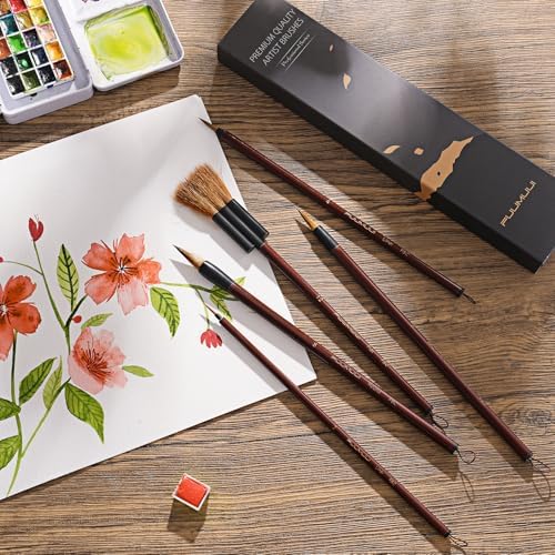 Watercolor Brushes Set, Fuumuui 5Pcs Goat Mixed Sable Hair with Nylon Water Color Paint Brush with Flat Round Detail for Watercolor, Pottery, Acrylic, Gouache