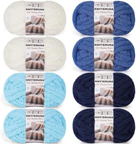 Chunky Yarn for Hand Knitting, #10 Chunky Blanket Chenille Yarn, Large Bulky Thick Jumbo Yarn, Super Chunky Knit Yarn for Crocheting, 8 Skein (8 oz 22 yds Each Skein), White & Multi Blue