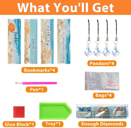 Mandun 4 Pcs Beach Diamond Painting Bookmark Kits, Special Shaped Diamond Art Bookmarks with Pendant, DIY Beach Diamond Art Bookmarks with Tassels Crafts Gifts Supplies