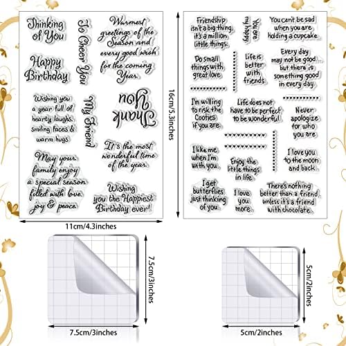 Chinco 4 Sheet Sentiments Rubber Clear Stamps Set for Card Making and DIY Scrapbooking Journaling 2 Acrylic Stamp Blocks with Grid Lines for Valentine Birthday Wedding Wife Husband Anniversary Card