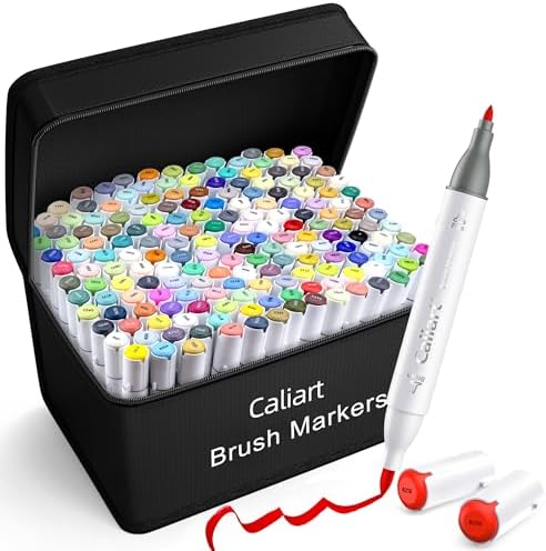 Caliart 180 Colors Brush Tip Alcohol Markers, Art Markers Brush & Fine Tip | Permanent Pens for Adult Coloring Books, Beginners Artists Hobbyists, Drawing Illustration Sketch, School Supplies Art Gifts