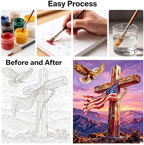 Paint by Numbers Kit for Adults - Cross & Eagle Mountain Sunset, DIY Paint by Number, Patriotic Themed Oil Painting Canvas, Paint by Numbers for Adults, Home Wall Decor