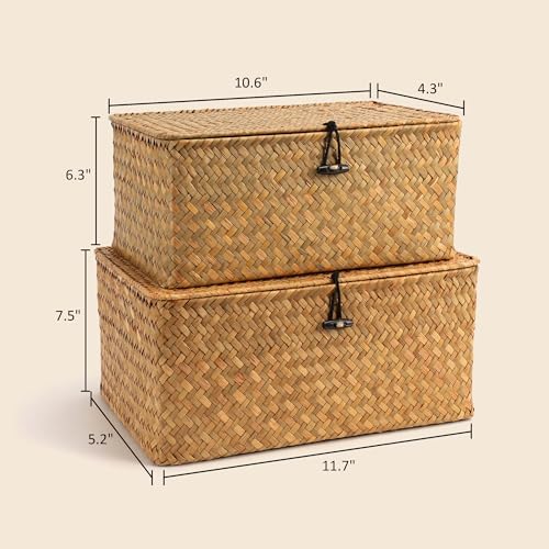Nonam Wicker Storage Basket with Lid,Seagrass Shelf Basket Set of 2,Natural