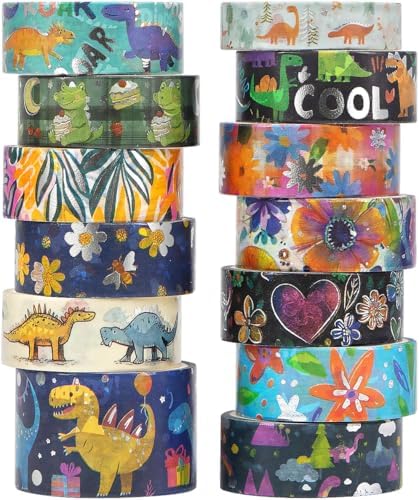 NANYNNU Dinosaur Washi Tape Set, 13 Rolls Silver Foil Cute Washi Tapes, Kawaii Floral Decorative Masking Tape for Journaling Supplies, Scrapbooking, Bullet Journal, Planner Decoration, DIY Crafts
