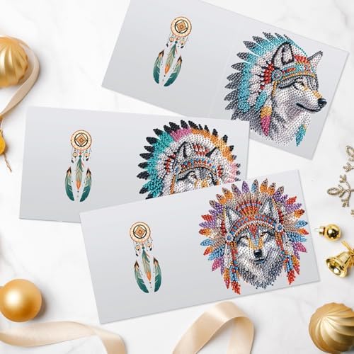 6 Pack 5D Diamond Art Greeting Cards Kit with Envelopes, Wolf with Native American Headdress Design, DIY Special Shape Diamond Painting Greeting Card for Adults, Handmade Card Craft Gift Set