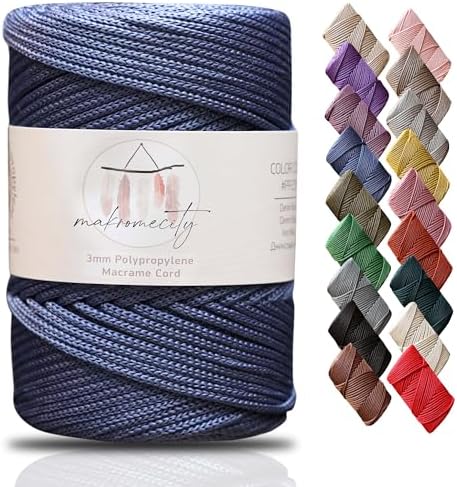 Makromecity, Premium Polyester Macrame Cord 3mm x 131 Yards (394 feet) 3mm Polypropylene Denim Blue Macrame Cord Crochet Macrame Bag Cord Crafts for Wall Hangings, Bags, Underplate, Rug