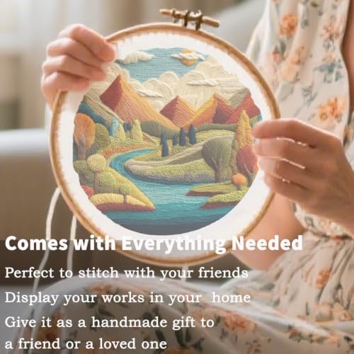 FONNUY Embroidery Kit for Beginners, Brightly Colored Landscape Lake Pre-Stamped Pattern Kits for Adults with Hoop, Easy to Follow Color Thread Needlework, 8'' Hoop (Blue)