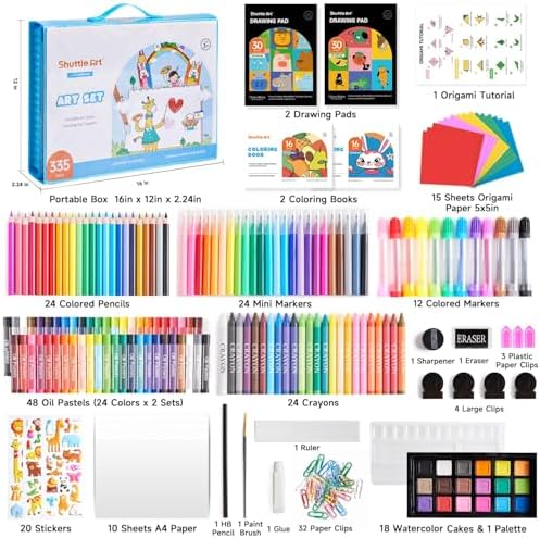 Shuttle Art 335 Piece Kids Art Set, Multi-Media Art Supplies, Gift Art Kit with Trifold Easel, 2 Drawing Pads, 2 Coloring Books, Oil Pastels, Crayons, Watercolors, Markers, Colored Pencils (Blue)