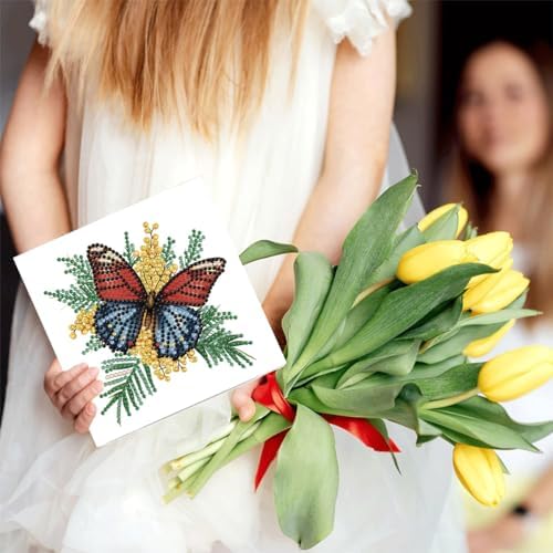 LSQFS 6Pcs Butterfly Flower Diamond Painting Greeting Cards Kits,5.9*5.9in